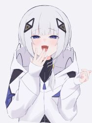 1girl absurdres black_shirt blue_eyes blush cevio coat fang grey_hair hair_ornament highres hood hood_down hooded_coat kafu_(cevio) laughing looking_at_viewer open_mouth raised_eyebrows saka_(sa_ka) shirt short_hair simple_background skin_fang sleeves_past_wrists smile solo straight-on turtleneck upper_body white_coat
