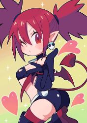 Rule 34 | 1girl, ass, blowing kiss, blush, breasts, demon girl, demon tail, demon wings, disgaea, etna (disgaea), gloves, heart, highres, huge ass, legs, looking at viewer, looking back, medium hair, midriff, one eye closed, pointy ears, puckered lips, red eyes, red hair, shorts, sideboob, small breasts, solo, tail, thighs, twintails, wings, wink