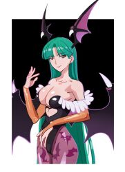 1girl animal_print bare_shoulders bat_print black_leotard blunt_bangs breasts cleavage darkstalkers demon_wings female_focus futa_yuri_ryona green_hair head_wings highres leotard looking_at_viewer morrigan_aensland pantyhose parted_bangs print_pantyhose red_eyes simple_background smile solo strapless strapless_leotard tagme wings