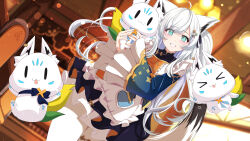 ahoge animal_ear_fluff animal_ears blue_sleeves bow fox_ears fox_girl fox_tail framed_breasts gold_osmanthus grin highres hiro_(phese) hololive layered_skirt maid mandarin_collar multicolored_shirt orange_nails pantyhose qi_maid shirakami_fubuki shirakami_fubuki_(8th_costume) skirt smile sukonbu_(shirakami_fubuki) tail virtual_youtuber waist_bow white_pantyhose