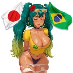 1girl bikini bikini_bottom_only black_bikini black_choker blonde_hair blue_hair brazilian_flag brazilian_miku breasts choker cleavage closed_eyes collarbone commentary cropped_shirt english_commentary eyewear_on_head groin hatsune_miku highres japanese_flag large_breasts marquixse midriff navel pantyhose shirt smile solo spiked_choker spikes sunglasses swimsuit torn_clothes torn_pantyhose twintails vocaloid white_background white_pantyhose wide_hips yellow_shirt