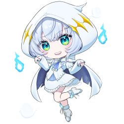 1girl :d absurdres ascot blue_ascot blue_eyes blue_fire blush boots briareos cape chibi chibi_only commentary_request dress fire frilled_dress frills full_body ghost highres hitodama hood hood_up hooded_cape kasukane_shino large_variant_set looking_at_viewer nanashi_inc. open_mouth short_hair smile solo standing standing_on_one_leg transparent_background variant_set virtual_youtuber white_boots white_cape white_dress white_hair