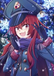 Rule 34 | 1girl, aerial fireworks, alternate costume, aospanking, bare tree, christmas lights, coat, fireworks, gloves, green coat, green hat, hat, hecatia lapislazuli, hecatia lapislazuli (help support the fairies of hell), long hair, long sleeves, night, night sky, open mouth, peaked cap, purple scarf, red eyes, red hair, scarf, sky, smile, snow, snowflakes, snowing, solo, touhou, touhou lostword, tree, v