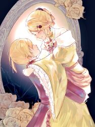 1boy 1girl aku_no_meshitsukai_(vocaloid) aku_no_musume_(vocaloid) allen_avadonia anniversary arms_around_neck baggy_clothes black_flower black_ribbon black_rose bow broken_mirror brooch brother_and_sister choker closed_eyes coat collared_coat collared_jacket colored_eyelashes dress dress_bow dress_flower earrings evillious_nendaiki face-to-face flower four_mirrors_of_lucifenia frilled_sleeves frills gem hair_bow hair_ornament hair_ribbon hairclip hands_on_another&#039;s_back hands_on_another&#039;s_shoulders happy high_ponytail highres hug jacket jewelry kagamine_len kagamine_rin lifting_person mirror morikoete off-shoulder_dress off_shoulder orange_bow orange_coat orange_jacket ponytail red_gemstone ribbon riliane_lucifen_d&#039;autriche rose short_ponytail siblings sidelocks smile swept_bangs twins updo vessel_of_sin vocaloid wide_sleeves yellow_choker yellow_dress yellow_flower yellow_rose