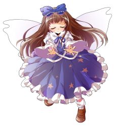 1girl blue_dress blue_ribbon blush brown_hair brown_shoes closed_eyes closed_mouth commentary_request dairi dress facing_viewer fairy fairy_wings frilled_dress frilled_ribbon frills frown full_body hair_ribbon large_variant_set loafers long_hair long_sleeves neck_ribbon outstretched_arms ribbon shoes socks solo standing star_sapphire sweatdrop tachi-e touhou transparent_background v-shaped_eyebrows variant_set white_socks wide_sleeves wings