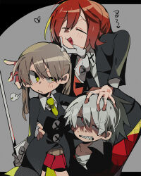 1girl 2boys :d puff_of_air =_= anger_vein arm_around_waist black_coat clenched_teeth closed_eyes closed_mouth coat collared_shirt eyes_visible_through_hair father_and_daughter furrowed_brow green_eyes green_necktie grey_background grey_hair hair_between_eyes half-closed_eye hand_on_another&#039;s_chin hand_on_another&#039;s_head hayotukiaeya heart holding holding_scythe long_hair long_sleeves looking_at_another looking_up maka_albarn multiple_boys necktie o3o open_mouth pushing_away pushing_face red_eyes red_skirt screentones scythe sharp_teeth shirt short_hair simple_background skirt smile soul_eater soul_evans spirit_albarn sweat teeth twintails white_shirt wing_collar