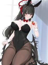 1girl absurdres alternate_costume animal_ears arin6006 black_hair black_leotard black_pantyhose black_shoes black_wings blood blood_halo blue_archive bow bowtie breasts covered_navel detached_collar fake_animal_ears food fruit halo highres holding holding_food holding_fruit large_breasts leotard liquid_halo long_hair low_wings mary_janes pantyhose playboy_bunny ponytail rabbit_ears red_bow red_bowtie shoes solo strapless strapless_leotard strawberry thighband_pantyhose tsurugi_(blue_archive) wings