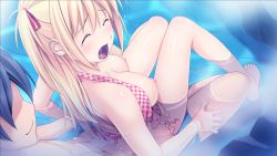 10s 1boy 1girl bikini blonde_hair blush breasts clothed_sex closed_eyes game_cg hair_ribbon hetero highres kagurazaka_namine koutaro long_hair nipples open_clothes open_mouth partially_submerged protagonist_(tropical_vacation) puffy_nipples ribbon saliva sex sitting straddling swimsuit tropical_kiss tropical_vacation twinkle_(company) water
