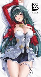 1girl absurdres astra_yao black_hair breasts cleavage commentary_request copyright_logo dakimakura_(medium) dokimaru dress earrings hairband highres jacket jewelry large_breasts long_hair looking_at_viewer lying necklace on_back on_bed open_mouth pearl_necklace purple_eyes red_jacket solo thigh_strap thighs very_long_hair white_dress white_hairband zenless_zone_zero
