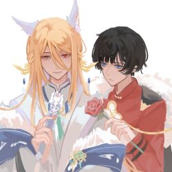 2boys :| animal_ears black_hair black_jacket blonde_hair blue_eyes blue_shawl buddha&#039;s_temptation_(the_tale_of_food) chinese_clothes chinese_commentary cihe185404 closed_mouth double-parted_bangs expressionless feather_boa flower folded_fan folding_fan fox_boy fox_ears fur-trimmed_jacket fur_trim grey_eyes hair_between_eyes hair_ornament half_updo hand_fan hand_on_another&#039;s_shoulder hanfu heterochromia holding holding_fan holding_flower jacket jacket_on_shoulders long_bangs long_hair long_sleeves looking_at_viewer loosely_tucked_bangs male_focus male_master_(the_tale_of_food) multiple_boys official_alternate_costume red_eyes red_flower red_rose red_shirt robe rose shawl shirt short_hair simple_background smile tangzhuang tassel the_tale_of_food upper_body white_background white_robe wide_sleeves wing_hair_ornament wispy_bangs