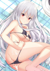 1girl absurdres ahoge ass bad_id bad_pixiv_id bare_shoulders beach beach_towel bikini bikini_pull black_bikini black_bow black_choker blush bow breasts butt_crack choker cleavage closed_mouth clothes_pull commentary_request cum cum_on_ass cum_on_body cum_on_clothes cum_on_lower_body day feet female_focus hair_between_eyes highres jyt long_hair looking_at_viewer lying niliu_chahui on_side original outdoors pulling_own_clothes red_eyes sideboob sidelocks silver_hair soles solo string_pull swimsuit toes tokisaki_mio_(niliu_chahui) towel underboob very_long_hair