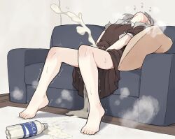 1girl az84997592 barefoot bottle brown_dress couch cum cum_in_container cum_pool dress ejaculation excessive_cum feet full_body futanari futanari_masturbation grey_hair head_back highres indoors long_hair masturbation on_couch original projectile_cum short_sleeves sitting solo trembling