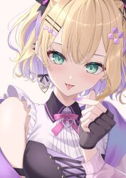 1girl absurdres black_gloves black_ribbon blonde_hair colored_inner_hair ear_piercing finger_heart fingerless_gloves gloves green_eyes hair_ornament hair_ribbon hairclip highres kurumi_noah multicolored_hair piercing purple_hair ribbon simple_background sleeveless smile solo sou_skate714 tongue tongue_out upper_body virtual_youtuber vspo! white_background