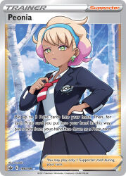 Rule 34 | 1girl, adjusting clothes, adjusting necktie, artist name, black jacket, black skirt, blonde hair, blue hairband, blue sky, card (medium), character name, closed mouth, cloud, collared jacket, collared shirt, company name, copyright name, copyright notice, dark-skinned female, dark skin, day, earrings, english text, eyelashes, frown, green eyes, hairband, hand in pocket, jacket, jewelry, kirisaki (gin16k), long sleeves, multicolored hair, necktie, nintendo, official art, open clothes, open jacket, outdoors, peonia (pokemon), pink hair, pokemon, pokemon card, pokemon swsh, pokemon tcg, red necktie, shirt, skirt, sky, snow, solo, third-party source, trading card, tree, two-tone hair, v-shaped eyebrows, white shirt