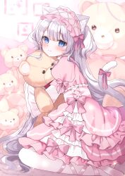 1girl absurdres animal_ears blue_eyes blush bow cat_ears cat_tail commentary_request dress dress_bow frilled_dress frilled_hairband frills from_side hairband hamico highres holding holding_stuffed_toy hug hugging_doll hugging_object juliet_sleeves layered_dress light_particles loafers lolita_fashion lolita_hairband long_hair long_sleeves looking_at_viewer on_floor original pantyhose pink_bow pink_dress pink_shoes pink_theme puffy_sleeves shoes sitting smile solo stuffed_animal stuffed_toy tail tail_bow tail_ornament teddy_bear very_long_hair white_hair white_pantyhose white_tail wide_sleeves