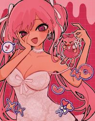 2girls anger_vein bare_shoulders belt bow breasts choker cleavage collared_shirt dress frilled_choker frills hair_between_eyes hair_bow hair_ribbon hand_on_own_face heart heart-shaped_pupils heart_sticker highres lingerie long_hair looking_at_another looking_at_viewer medium_breasts multiple_girls nail_polish ninini_(happy_goody115) off_shoulder official_alternate_costume omori open_mouth perfectheart_(omori) picking_up pink_background pink_belt pink_bow pink_dress pink_eyes pink_hair pink_nails pink_shoes ribbon shirt shoes short_sleeves solo_focus sparkle spoken_heart sticker sweetheart_(omori) symbol-shaped_pupils twintails underwear white_choker white_ribbon white_shirt