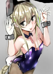 1girl :p animal_ears black_eyes blonde_hair detached_collar fake_animal_ears female_focus grey_background hair_between_eyes hairband hands_up highres leotard long_hair muoto original pantyhose playboy_bunny rabbit_ears rabbit_pose rabbit_tail simple_background solo tail tongue tongue_out very_long_hair wrist_cuffs