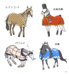 black_horse blue_kimono brown_hat brown_horse brown_jacket closed_eyes fur_hat hat headband highres horse horse_blanket jacket japanese_clothes kimono leg_warmers nataji no_humans nose_bubble original polka_dot polka_dot_jacket raincoat see-through_clothes see-through_raincoat tongue tongue_out white_headband white_horse