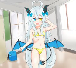 1girl ahoge akugaki_koa backpack bag belly bikini blue_eyes bow breasts commission demon_horns demon_tail demon_wings flat_chest hair_bow hair_ribbon hallway heterochromia highres horns idol_corp leafy_bow long_hair looking_at_viewer navel open_mouth randoseru ribbon school small_breasts solo standing swimsuit tail thighs very_long_hair virtual_youtuber white_hair wings yellow_bikini yellow_eyes