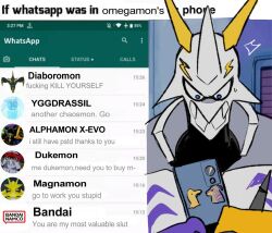 agumon alphamon bandai blue_eyes diablomon digimon digimon_(creature) dukemon gabumon horns magnamon omegamon whatsapp yggdrasill_(digimon)