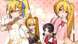 2girls :o akita_neru antenna_hair ascot backpack bag black_hair black_sleeve_cuffs black_sleeves blank_speech_bubble blonde_hair blue_ribbon blush bow bowtie breasts buttons cardigan closed_mouth collar collared_shirt commentary_request detached_sleeves dot_nose double-breasted double-parted_bangs dress finger_to_cheek frilled_collar frilled_shirt frills gloves grey_shirt hair_between_eyes hair_bobbles hair_bow hair_ornament hand_on_own_chin hand_up highres idol idol_clothes jewelry kaai_yuki kakosa_sama long_hair low_twintails multiple_girls multiple_views necklace necktie one_eye_closed open_mouth parted_hair pink_cardigan plaid_ascot plaid_clothes puffy_detached_sleeves puffy_sleeves red_ascot red_bag red_bow red_bowtie red_dress ribbon shirt short_sleeves short_twintails side_ponytail sleeveless sleeveless_shirt sleeves_past_wrists small_breasts speech_bubble strapless strapless_dress sweatdrop twintails upper_body very_long_hair vocaloid white_collar white_dress white_gloves white_shirt wide_sleeves yellow_bow yellow_eyes yellow_necktie yellow_trim