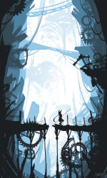 1girl absurdres amatsuki_rei blue_theme commentary_request fantasy female_focus gears highres holding long_hair monochrome original outdoors scenery signature silhouette solo very_long_hair