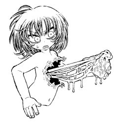 15ooo 1girl bags_under_eyes blood bob_cut deformed fingernails guro heart_(organ) highres open_mouth original sharp_teeth solo teeth tsurime veins