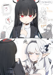 1girl absurdres black_hair blue_archive blush breasts bright_pupils flower hair_ornament hairband hairclip halo highres himari_(blue_archive) large_breasts long_hair maton_3110 mole mole_under_eye pointy_ears purple_eyes red_eyes rio_(blue_archive) sweater turtleneck very_long_hair white_pupils