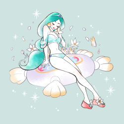 1girl adapted_costume aladdin_(movie) animification bare_shoulders black_hair breasts brown_hair cleavage coral_reef earrings fish flower holding jasmine_(disney) jewelry long_hair meecosme navel necklace off_shoulder shirt smile solo very_long_hair