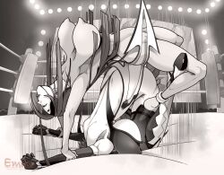 2girls barefoot breasts catfight commission greyscale hanging_breasts highres joints large_breasts long_hair mizuki_shiranui monochrome multiple_girls muscle_spark nekokami nipples pixiv_commission ryona taimanin_(series) wrestling