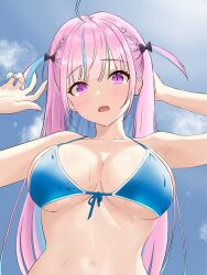 1girl absurdres ahoge bikini blue_bikini blue_hair blue_nails blue_sky bow braid breasts colored_inner_hair from_below front-tie_bikini_top front-tie_top hair_bow highres hololive large_breasts long_hair looking_at_viewer mea_mememea minato_aqua multicolored_hair nail_polish open_mouth pink_eyes pink_hair sky solo swimsuit two_side_up upper_body