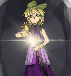 1girl belt black_belt black_sailor_collar blonde_hair closed_mouth commentary_request cowboy_shot drawing_sword earmuffs expressionless glint grey_background highres holding holding_sword holding_weapon looking_at_viewer neck_ribbon pointy_hair purple_ribbon purple_shirt purple_skirt ribbon ritsuzou sailor_collar shirt short_hair skirt sleeveless sleeveless_shirt solo sword touhou toyosatomimi_no_miko weapon yellow_eyes