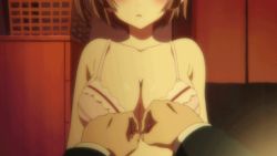 10s 1boy 1girl animated animated_gif bare_shoulders blush bouncing_breasts bra breasts brown_hair cleavage da_capo da_capo_iii closed_eyes front-hook_bra hetero hinomoto_aoi large_breasts male_hands out-of-frame_censoring pov pov_hands screencap short_hair solo_focus underwear undressing open_bra