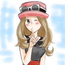 1girl asuka_rkgk blonde_hair eyewear_on_headwear grey_eyes hat long_hair looking_at_viewer nintendo pokemon pokemon_xy red_hat red_skirt serena_(pokemon) shirt skirt sleeveless sleeveless_shirt sunglasses