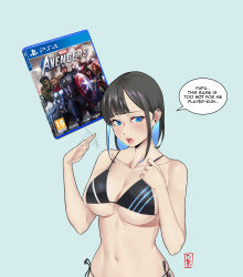1girl absurdres avengers_(series) bikini black_bikini black_hair blue_background blue_hair blush breasts colored_inner_hair damobelmont english_text fanning_face fanning_self game_console highres hot large_breasts lips looking_at_viewer marvel medium_hair micro_bikini multicolored_hair navel open_mouth original personification pink_lips playstation_4 product_girl simple_background solo sony speech_bubble stomach strap_gap sweat swimsuit underboob video_game