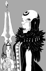 1girl absurdres bare_arms black_hair closed_mouth feather_boa finger_cots flying_witch from_side greyscale highres holding holding_scepter ishizuka_chihiro kowata_makoto long_hair looking_at_viewer mask monochrome official_art scepter skull_mask smile solo upper_body