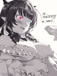 1girl 1other :d bare_shoulders blue_eyes blunt_bangs blush breasts brooch center_frills clothes_pull commentary detached_collar drill_hair drill_sidelocks english_commentary english_text frilled_shirt frills greyscale heterochromia highres hololive hololive_english horns irys_(hololive) irys_(maid)_(hololive) jewelry lace-trimmed_collar lace_trim long_hair medium_breasts monochrome nipples off-shoulder_shirt off_shoulder official_alternate_costume official_alternate_hairstyle open_mouth pointy_ears purple_eyes shirt shirt_pull sidelocks simple_background smile solo_focus spot_color star-shaped_pupils star_(symbol) sunsetskyline symbol-shaped_pupils teeth upper_teeth_only virtual_youtuber wide-eyed