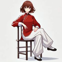 1girl brown_hair china_dress chinese_clothes dress highres kokoro_no_koibito kung_fu looking_at_viewer monk original panties red_dress red_eyes self-upload shaolin_monk short_hair sitting solo training underwear white_panties
