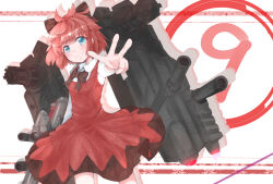 alternate_color armored_core bad_tag benmiaobituona black_bow blue_eyes bow circled_9 cirno collared_shirt crossover dress fusion gun hair_bow highres holding holding_weapon looking_at_viewer m.u.g.e.n nineball nineball=cirno pinafore_dress red_hair shirt short_sleeves sleeveless sleeveless_dress smile thrusters touhou two-tone_dress v weapon white_background white_shirt