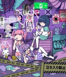 3girls alley bag banana bandaged_arm bandages black_eyes black_footwear blue_hair blunt_bangs bob_cut bottle bow box can caution_tape cellphone cigarette closed_mouth collar crystal drink_can drum_(container) eating exit_sign ezaki_bisuko food fruit graffiti green_sailor_collar green_skirt hair_bow hairband heart heart-shaped_mouth highres holding holding_can holding_food holding_fruit holding_phone jewelry keep_out menhera-chan_(ezaki_bisuko) menhera-chan_(ezaki_bisuko)_(character) multiple_girls necklace net no_smoking open_mouth paper phone pink_bow pink_collar pink_hair pink_hairband pink_sailor_collar pink_skirt pleated_skirt profanity purple_bow purple_collar purple_hair purple_sailor_collar purple_skirt purple_theme sabukaru-chan_(ezaki_bisuko) sailor_collar school_uniform selfie serafuku short_hair short_twintails sidelocks skirt smartphone smoke smoking spray_can thighhighs trash trash_bag twintails usatan_(ezaki_bisuko) v water_bottle white_serafuku white_thighhighs wire yumekawa-chan_(ezaki_bisuko)