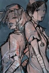 Rule 34 | 2girls, :d, ahhirumarull2, back-to-back, bandaged arm, bandaged neck, bandages, blood, blood on clothes, blood on face, blue background, collared dress, commentary request, curtained hair, dress, fake blood, freckles, futsuu no keion-bu, hair ornament, hairpin, halloween costume, hat, highres, kouyama rin, limited palette, looking at viewer, matching outfits, multiple girls, nurse, nurse cap, official alternate costume, official alternate hairstyle, open mouth, parted bangs, parted lips, pixie cut, short hair, short sleeves, sketch, smile, stethoscope, stethoscope around neck, torn clothes, torn dress, tsuru asaka, twintails
