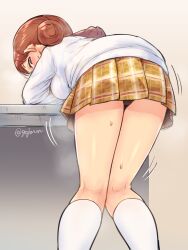 against_desk arm_rest ass_shake breasts from_behind gojarun highres hojo_karen idolmaster idolmaster_cinderella_girls kneepits leaning_forward looking_at_viewer medium_breasts panties pantyshot pleated_skirt skirt underwear