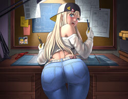 1girl ass backwards_hat baseball_cap black_hat blonde_hair blue_pants blueprint_(object) centi_(nikke) commentary commentary_request commission compass_(instrument) cowboy_shot cropped_shirt denim desk_lamp drawer english_commentary from_behind gloves goddess_of_victory:_nikke hat holding holding_pencil indoors jeans lamp liter_(nikke) long_hair long_sleeves looking_at_viewer looking_back mixed-language_commentary off-shoulder_shirt off_shoulder open_mouth pants pencil photo_(object) shirt solo substance20 table teeth white_gloves white_shirt wooden_table