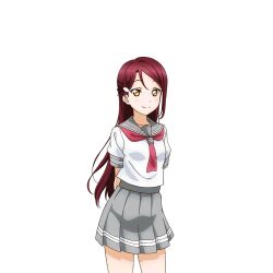 Rule 34 | 1girl, anime coloring, arms behind back, blush, closed mouth, cowboy shot, grey sailor collar, grey skirt, hair ornament, hairclip, half updo, long hair, looking at viewer, love live!, love live! school idol festival, love live! sunshine!!, miniskirt, neckerchief, official art, pleated skirt, red hair, red neckerchief, sailor collar, sakurauchi riko, school uniform, serafuku, shirt, short sleeves, skirt, smile, solo, standing, summer uniform, tie clip, transparent background, uranohoshi school uniform, white shirt, yellow eyes