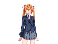 1girl blazer blue_jacket blush buttons clenched_hands closed_eyes cowboy_shot game_cg gentle_sasaki grey_skirt hair_ribbon jacket large_variant_set long_hair long_sleeves necktie non-web_source official_art open_mouth orange_hair pink_ribbon pleated_skirt red_necktie ribbon school_uniform shindou_hikari shirt skirt solo soukou_senki_prism_reica soukou_senki_prism_shine standing transparent_background twintails variant_set