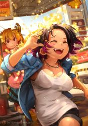 2girls black_hair black_shorts blouse blush breasts cleavage closed_eyes closed_mouth dragon_girl dragon_horns elma_(maidragon) fang fang_out fangs gas_pump gas_station gasoline highres horns jewelry khyle. kobayashi-san_chi_no_maidragon large_breasts long_hair multiple_girls necklace open_mouth orange_hair patreon_logo patreon_username purple_hair red_eyes shell_(company) shirt short_hair shorts smile teeth tohru_(maidragon) twintails upper_teeth_only watermark web_address white_shirt