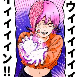 Rule 34 | 1girl, brain, chainsaw man, commentary request, cosmo (chainsaw man), dangling eye, exposed brain, heart, heart-shaped pupils, highres, isuke (isuke now), navel, orange shirt, pink hair, red eyes, shirt, solo, symbol-shaped pupils, translation request