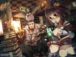1boy 1girl 2013 animal animal_on_head beard bird bird_on_head black_gloves black_pants blue_bird book book_stack bookshelf boots bow breasts brown-framed_eyewear brown_dress brown_eyes brown_hair brown_hat butterfly_necklace cape cleavage commentary_request creator_(ragnarok_online) crop_top dress erlenmeyer_flask facial_hair filir_(ragnarok_online) fingerless_gloves flask flora_(ragnarok_online) flower fur-trimmed_boots fur-trimmed_shirt fur_trim glasses gloves hat indoors library mature_male medium_breasts muscular muscular_male on_head open_book open_clothes open_shirt pants plant potion potted_plant ragnarok_online reading red_bow red_cape rybiok seed shirt short_dress sitting sleeveless sleeveless_shirt smoking smoking_pipe suspenders two_side_up white_gloves white_shirt whitesmith_(ragnarok_online) witch_hat