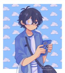 Rule 34 | 1boy, androgynous, antenna hair, bag, black bag, black eyes, black hair, blue background, blue jacket, blue shirt, border, bright pupils, character bag, character name, closed mouth, cloud, cloud background, collared jacket, commentary, commission, denim, denim jacket, donuqx, double-parted bangs, elbow carry, english commentary, expressionless, eyepatch, fingernails, hair between eyes, hector (omori), highres, holding, holding phone, jacket, looking at viewer, male focus, medical eyepatch, mewo, mole, mole under mouth, official alternate costume, omori, one eye covered, open clothes, open jacket, outside border, phone, second-party source, shirt, short-sleeved jacket, short hair, short sleeves, shoulder bag, simple background, solo, something (omori), spoilers, star (symbol), striped clothes, striped shirt, sunny (birthday) (omori), sunny (omori), twitter username, two-tone shirt, upper body, watermark, white border, white pupils, white shirt