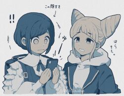 ! !! 2girls :| arrow_(symbol) backpack bag chiimako closed_mouth collared_shirt commentary cone_hair_bun diagonal_bangs double_bun frilled_shirt frilled_sleeves frills fukurai_azami grey_background hair_bun hands_up hashtag-only_commentary holding holding_phone hood hood_down hoodie jacket long_sleeves monochrome multiple_girls open_mouth phone puffy_long_sleeves puffy_sleeves shirt short_hair simple_background surprised swept_bangs tomarigi_yasumi toshi_densetsu_kaitai_center translation_request upper_body